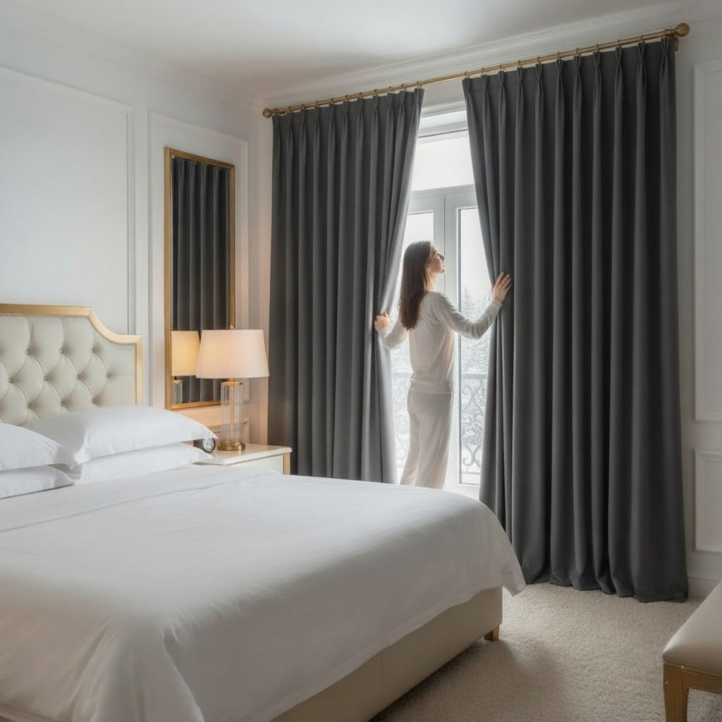 Woman adjusting thermal blackout curtains in a white and gold hotel room