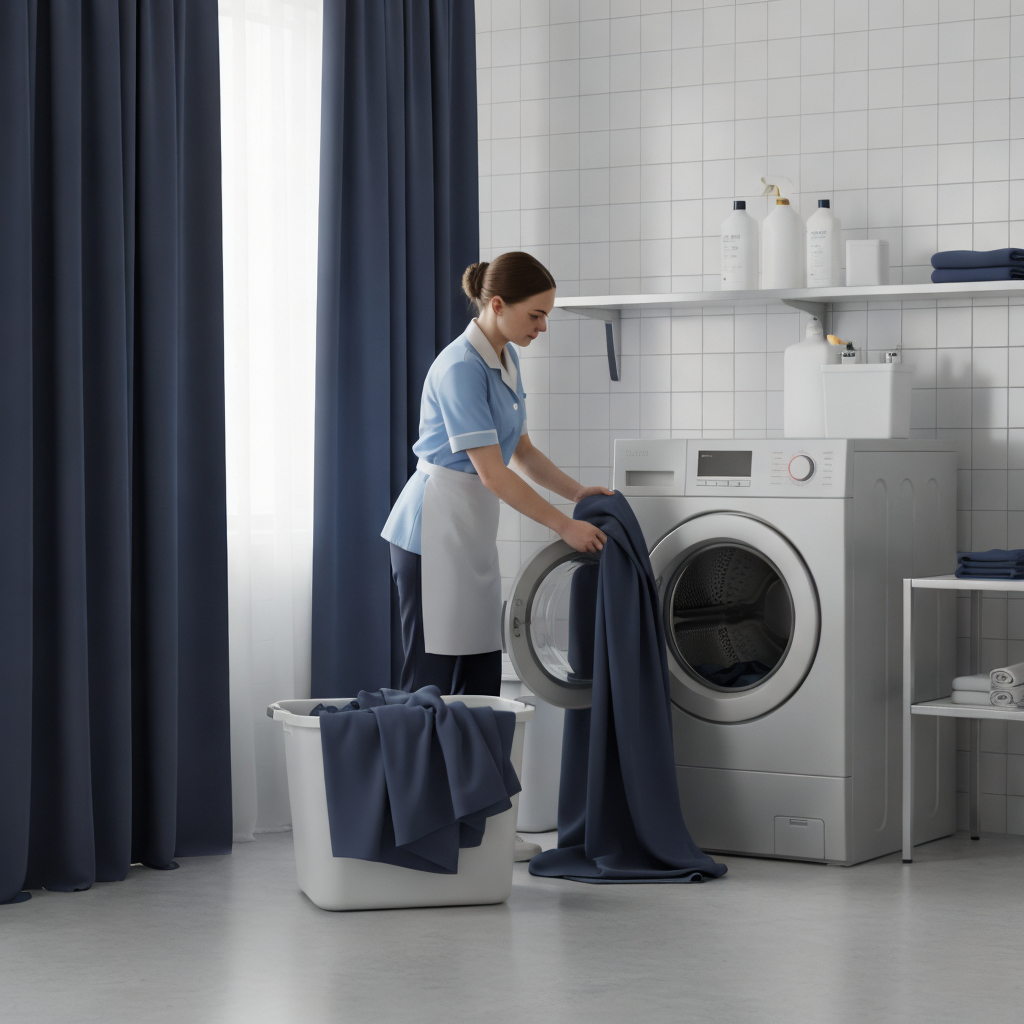 maid cleaning hotel blackout curtains.