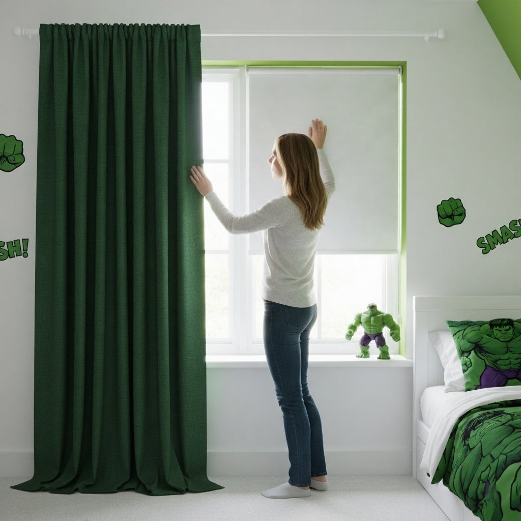 Mother comparing blackout curtains and blinds in son's Hulk-themed room