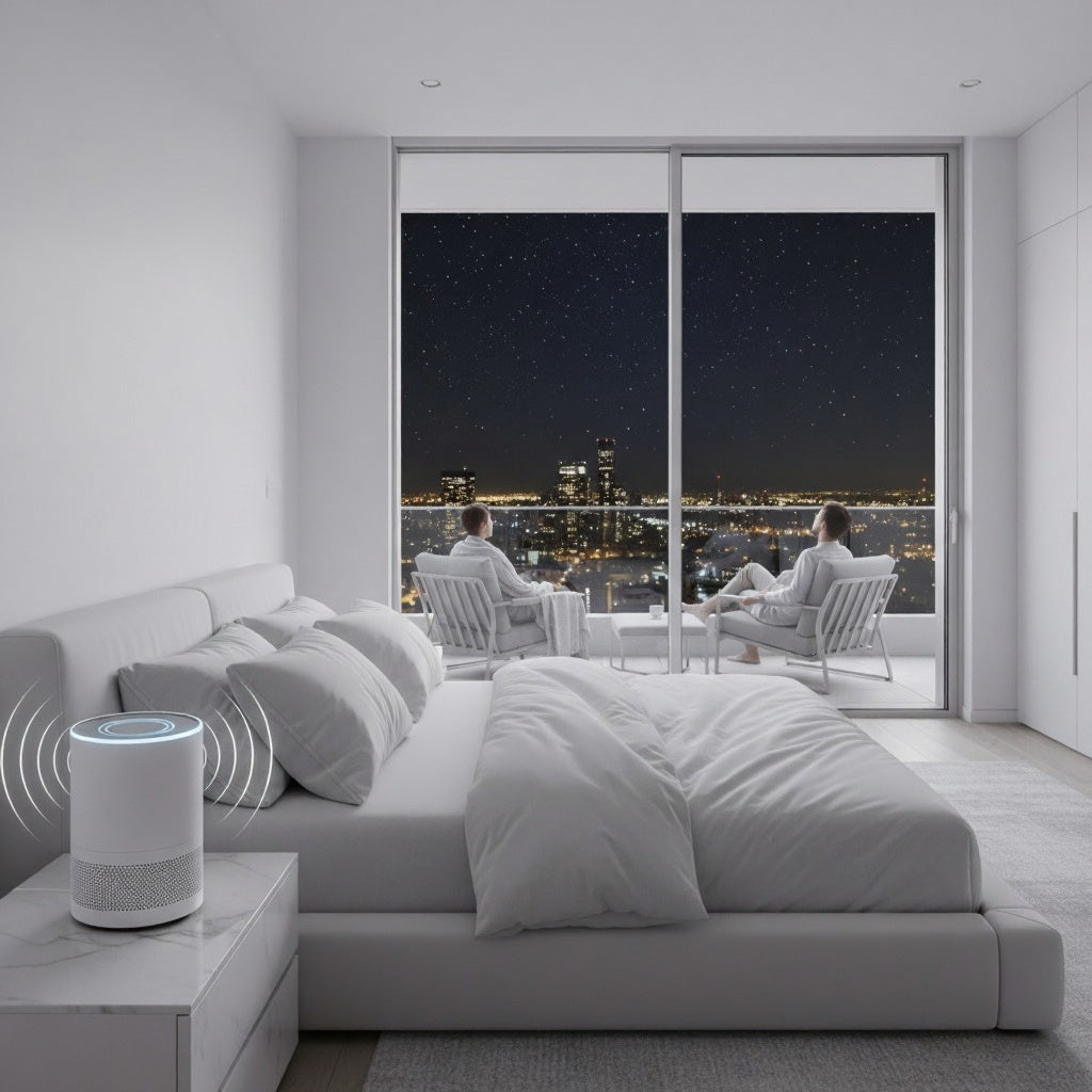 Room setup showing correct placement of white noise machine near bed