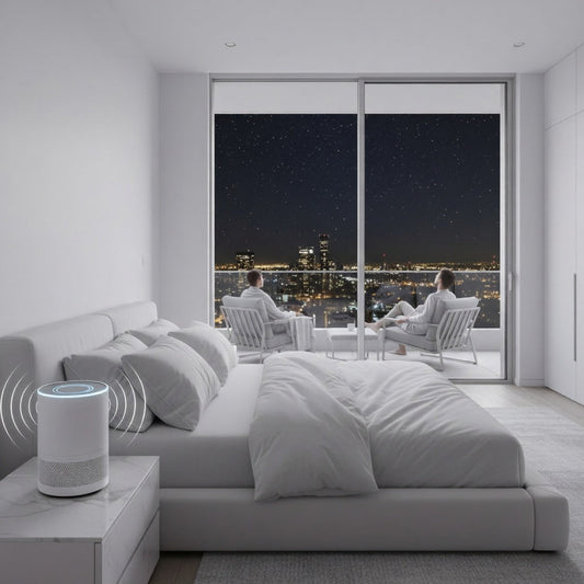 Room setup showing correct placement of white noise machine near bed