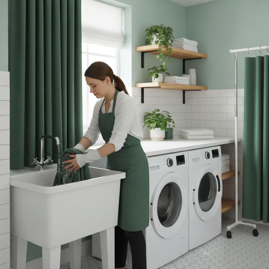 Woman hand-washing blackout curtains in green and white laundry room
