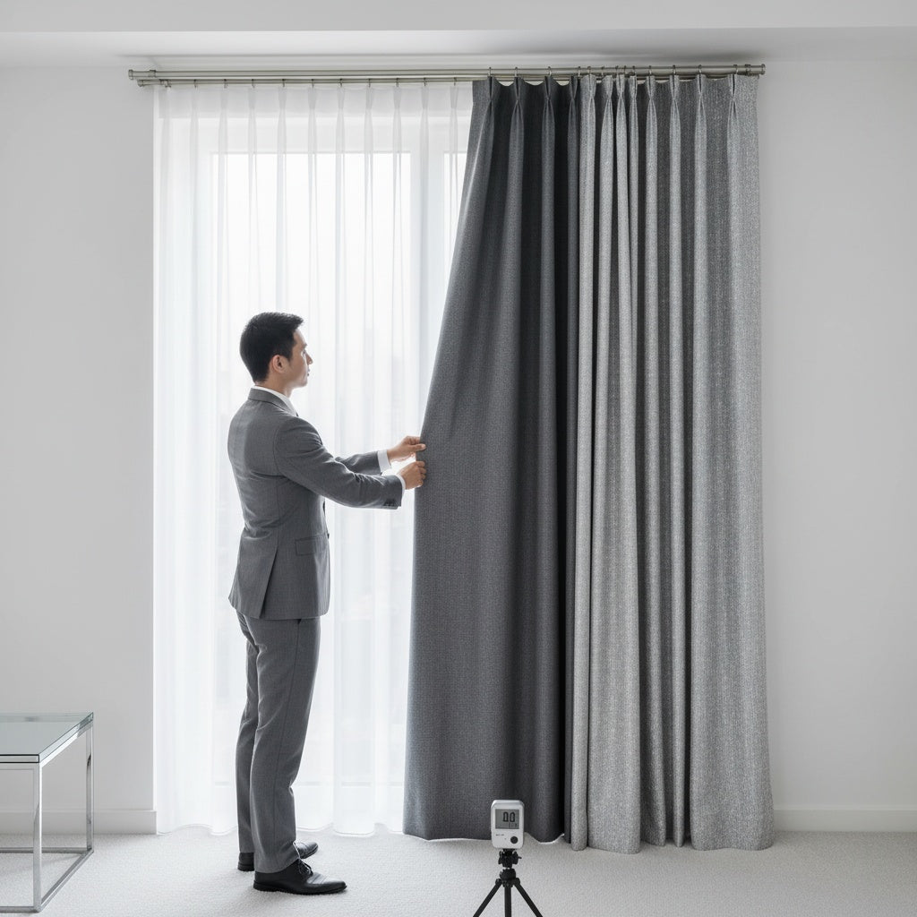Hotel manager layering curtains for maximum light blocking