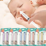Baby receiving nasal irrigation with a syringe, with packages of nasal irrigation devices below.