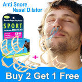 Anti snore nasal dilator with packaging and promotional text on a blue background