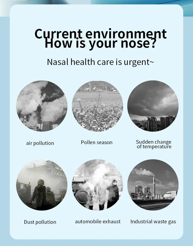 Poster with images and text about nasal health issues caused by various environmental factors.