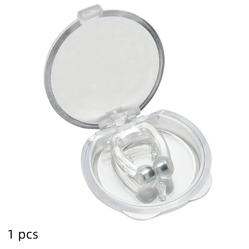Clear earbud case with a single white earbud inside on a white background