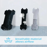 Three black and gray cooling pads on a textured surface with text indicating breathable material allows airflow.