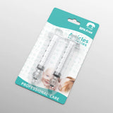 Two syringes in packaging with a teal label on a gray background