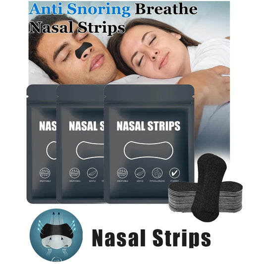 Anti-snoring nasal strips with packaging and a couple lying down.