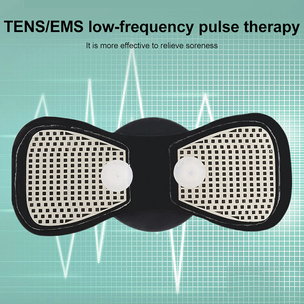 TENS/EMS low-frequency pulse therapy device on a green background with wave patterns.