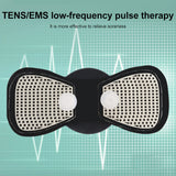 TENS/EMS low-frequency pulse therapy device on a green background with wave patterns.