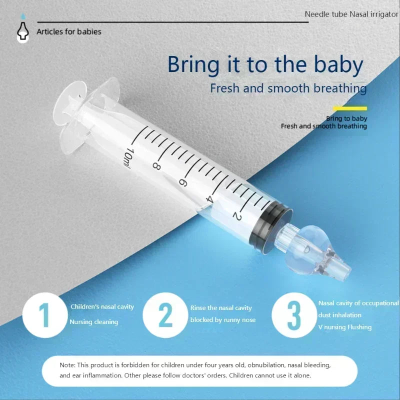 Nasal irrigator syringe with text on a blue and gray background