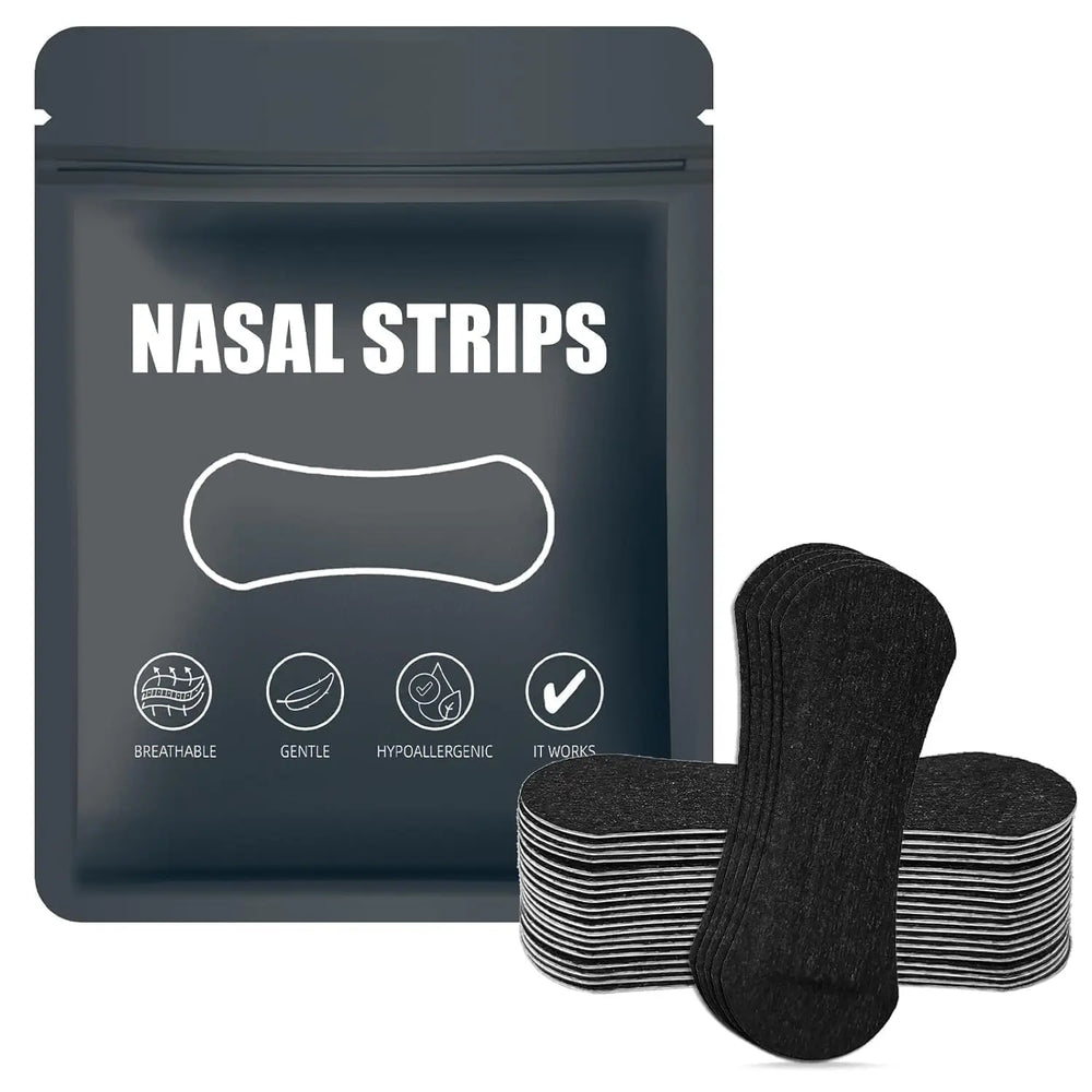 Pack of nasal strips with a black packaging pouch on a white background