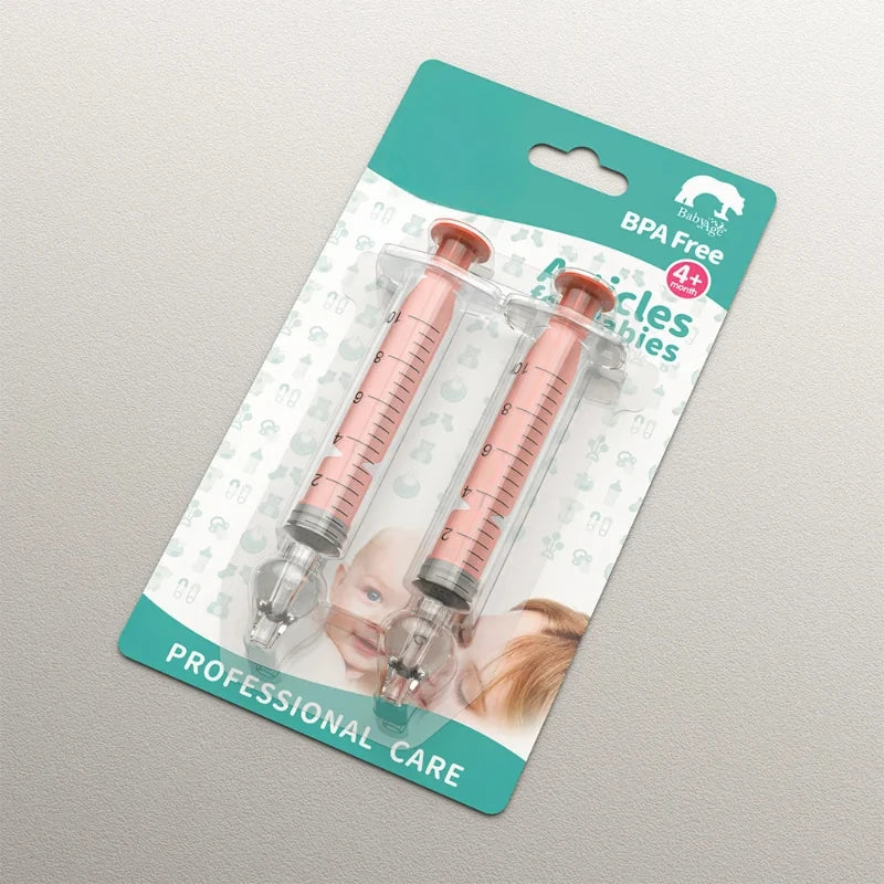 Two syringes in packaging with a teal label on a gray background