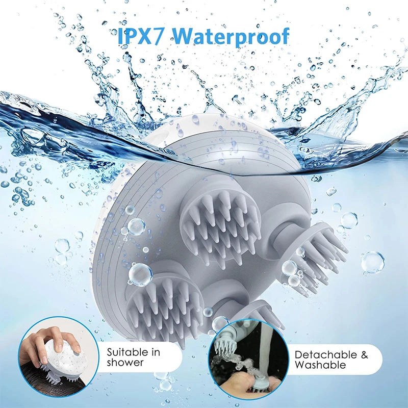 Silicone cleaning brush with water splashes and text indicating IPX7 waterproof rating, detachable, and washable features.