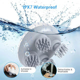 Silicone cleaning brush with water splashes and text indicating IPX7 waterproof rating, detachable, and washable features.