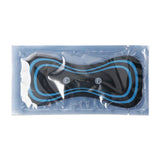 Black and blue eye mask in clear packaging on a white background