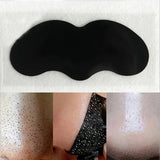Black silicone patch on a white background with close-up shots of skin texture before and after application.