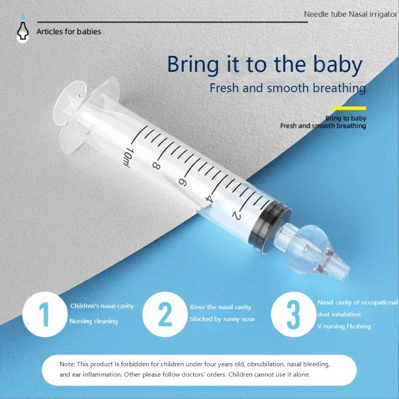 Nasal irrigator syringe with text on a gray and blue background