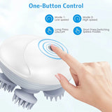 Hand using a hair massager with text explaining one-button control modes on a light blue background