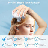 Portable electric scalp massager being used on a person's head with product features listed below.