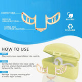 Anti-snore nasal dilator with packaging and usage instructions on a blue and white background.