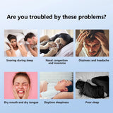 Illustrations of people experiencing various sleep-related issues with text labels on a blue background.