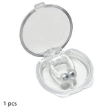 Clear earbud case with a single white earbud inside on a white background