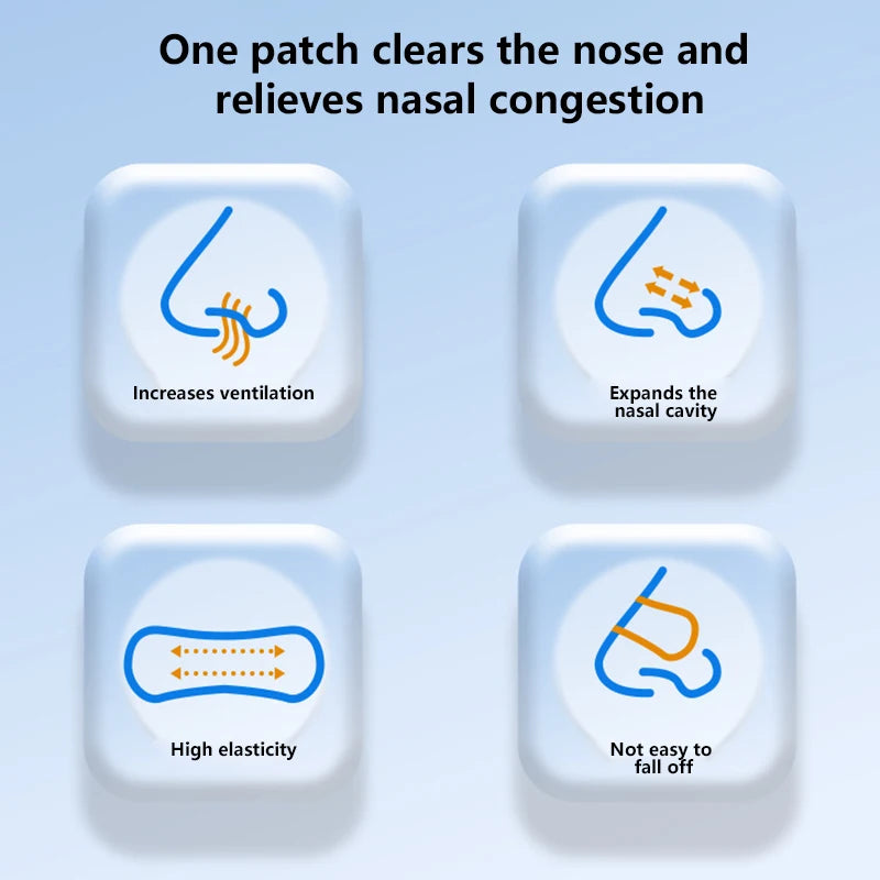 Nasal congestion relief patch with illustrations and text on a light blue background