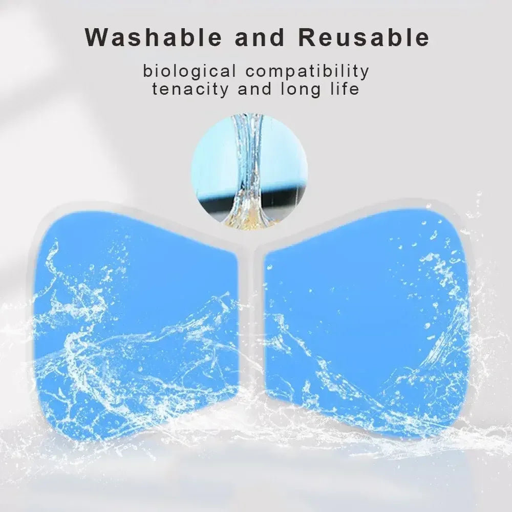 Blue filter with water droplet and text about washability and biological compatibility on a light gray background