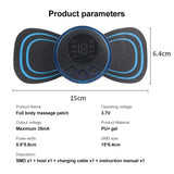 Product parameters of a full body massage patch with dimensions and specifications.