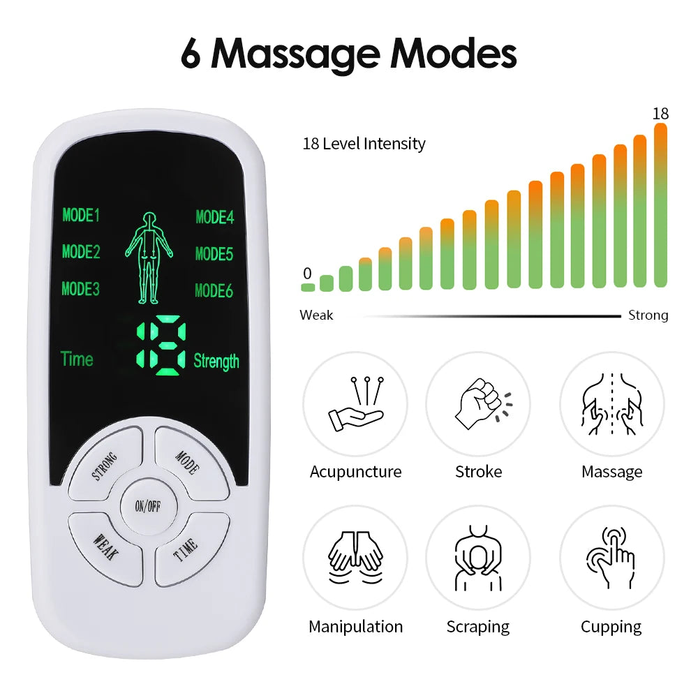 Massage device with digital display and massage modes icons on a white background