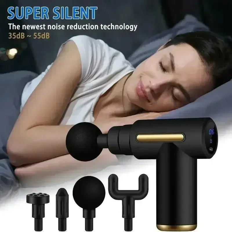 Woman sleeping with a massage gun and attachments on a white background