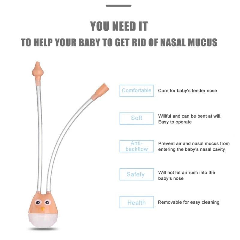 Baby nasal aspirator with features listed on a white background