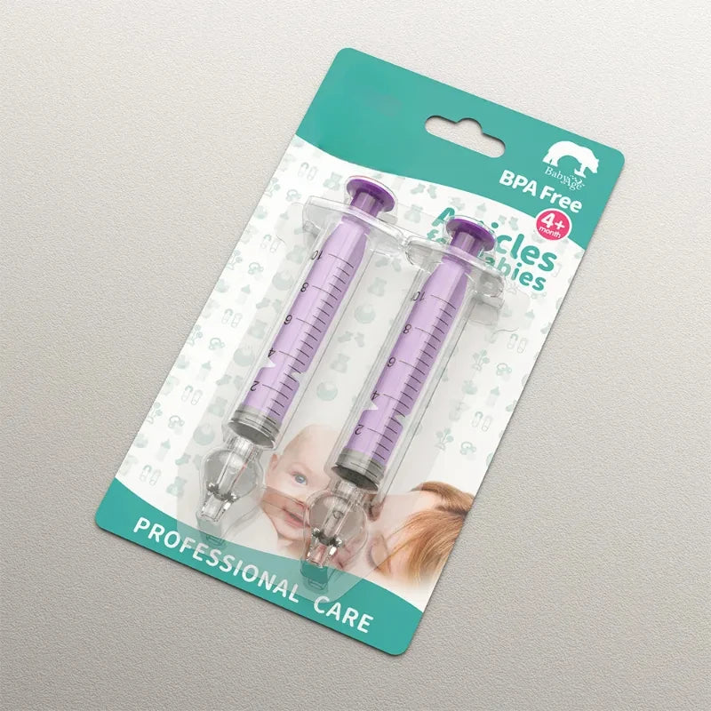 Two purple syringes in packaging with a gray background