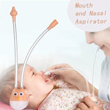 Baby being assisted with a mouth and nasal aspirator by an adult.