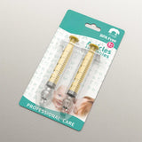 Two syringes in packaging with a visible brand logo on a gray background