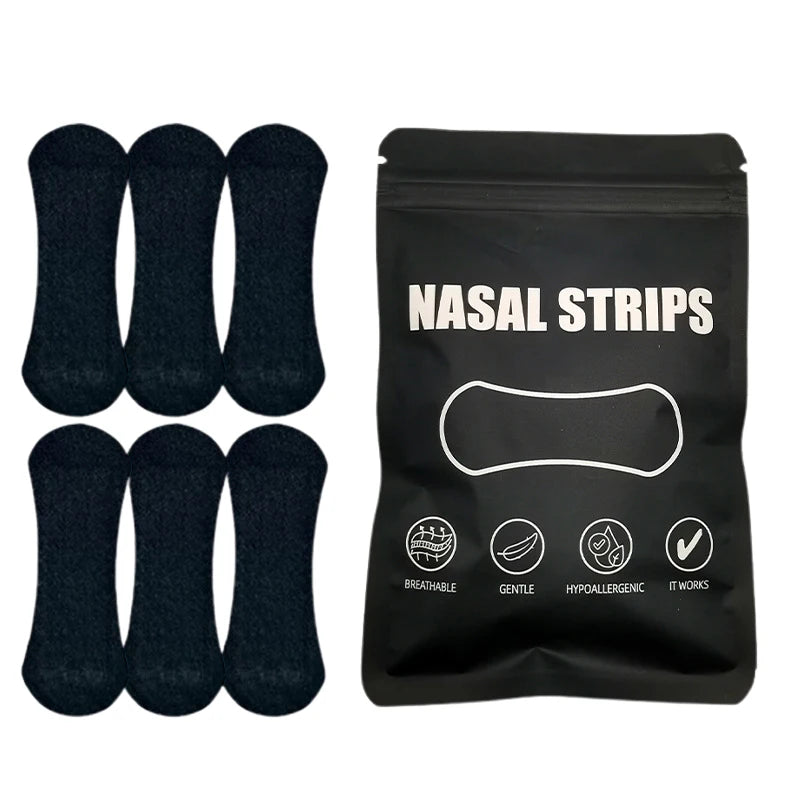 Black nasal strips with a black packaging bag featuring 'Nasal Strips' text and icons on a white background.