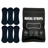 Black nasal strips with a black packaging bag featuring 'Nasal Strips' text and icons on a white background.