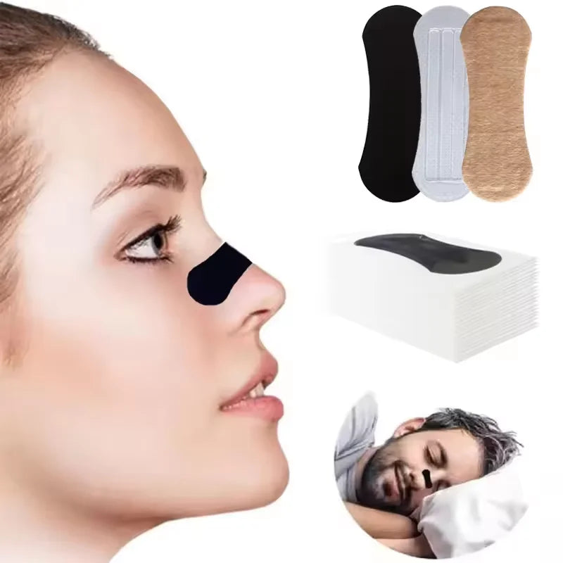 Woman wearing black nose strip with additional strips and a man sleeping inset.