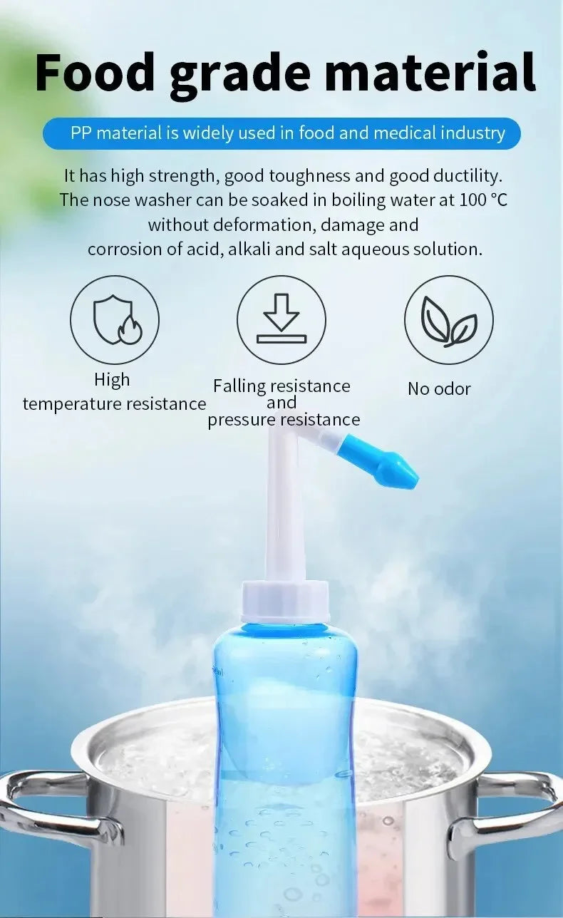 Nose washer with food grade material text and features on a blue background