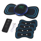 Electrical muscle stimulator with pads, remote control, and cable on a white background