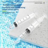 Two syringes on a textured surface with text about nasal care.
