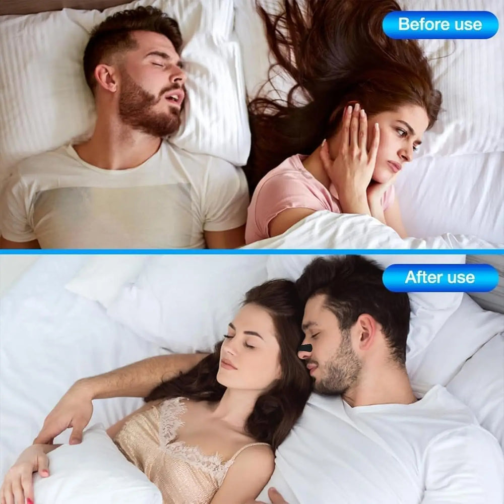 Before and after comparison of a couple sleeping together, with 'Before use' and 'After use' labels.
