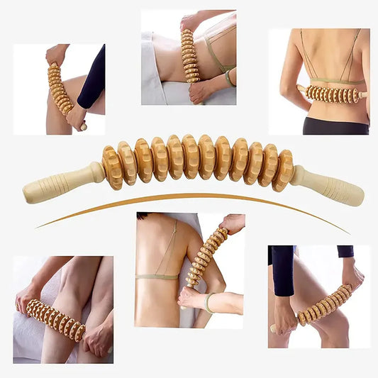 Wooden massage roller being used on various parts of the body with close-up shots.