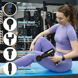 Woman using a massage gun in a gym setting with product features displayed.