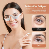 Woman wearing a red light eye mask with 'Relieve Eye Fatigue' text and before/after images on a beige background.