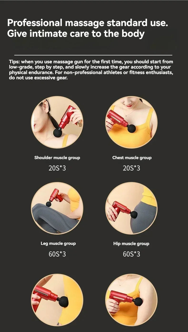 Instructions for using a massage gun on different muscle groups with illustrations.