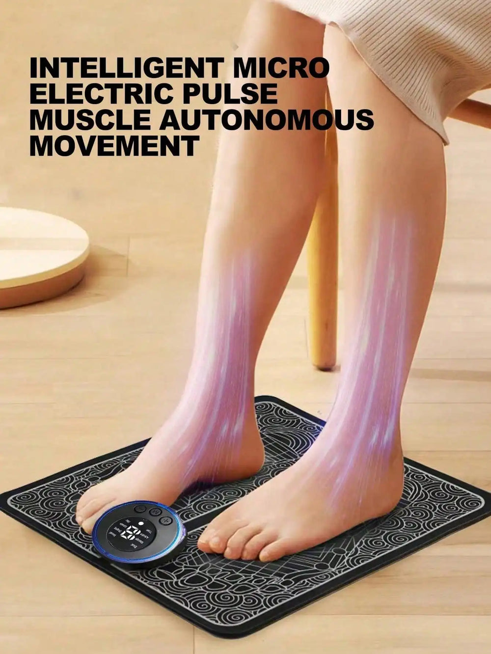 Person using a foot mat with text about intelligent micro electric pulse muscle movement.